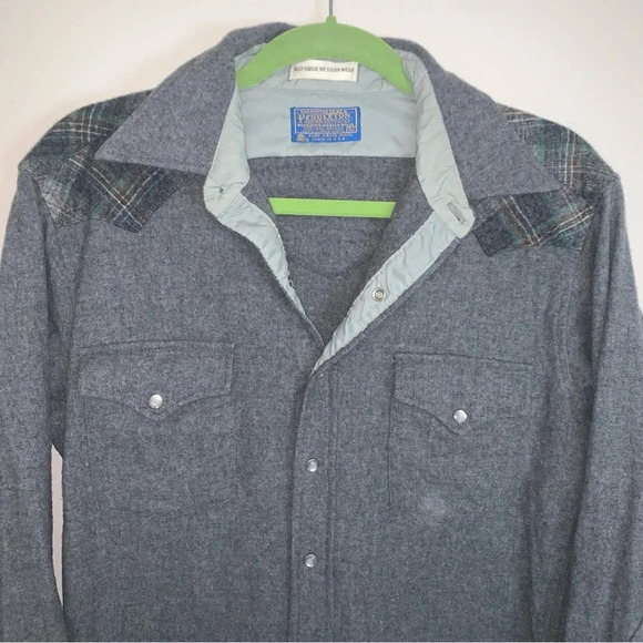 Pendleton 100% Virgin Wool Plaid Grey Long Sleeve Western Style Snap  Up Shirt M - Picture 8 of 9